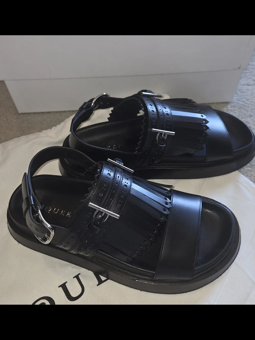 Alexander McQueen Black Fringe Leather Buckle Sandals, Men's 41, 8